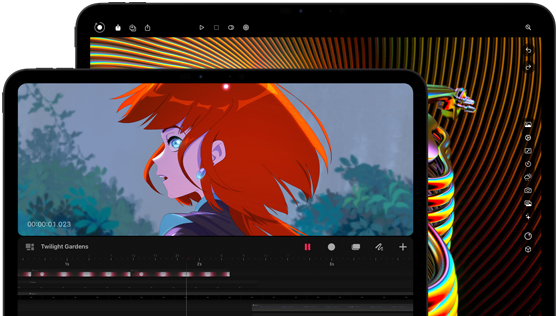 13-inch iPad Pro and 11-inch iPad Pro, front exterior, landscape orientation, space black colour, rounded corners, black display bezel, 11-inch display showing a vibrant image of a character with red hair, 13-inch display showing colourful photo editing interface elements