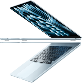 Two open MacBook Air laptops in Sky Blue colour forming an arrow shape, emphasising narrow profile