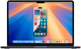 The iPhone Mirroring feature shown on a MacBook Air screen, where an iPhone screen with various apps is shown against the desktop background