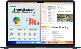 The Mail, Numbers and Notes apps open to demonstrate the multitasking capabilities of the MacBook Pro with the M4 chip