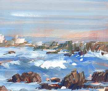 Gouache painting of a rocky outcrop at sea