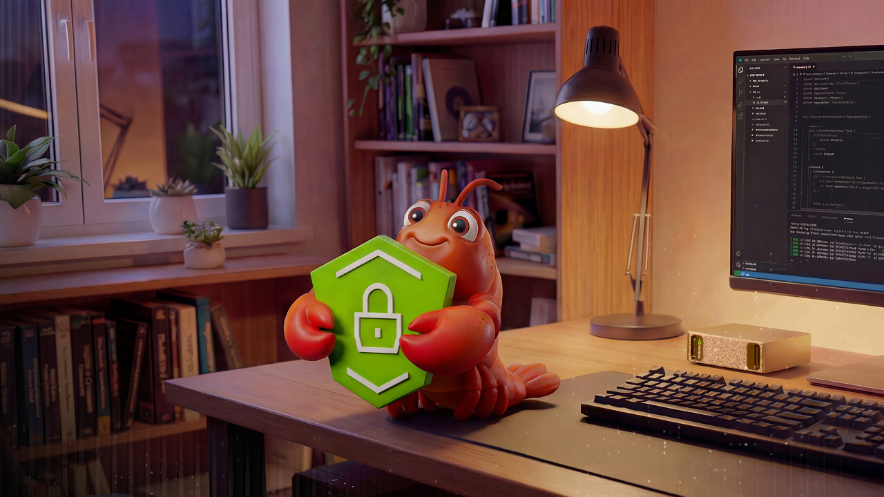 A cartoon lobster sits at a cozy office desk holding a green shield with a lock icon. A computer with code, books, and plants are nearby, suggesting a tech and security theme.