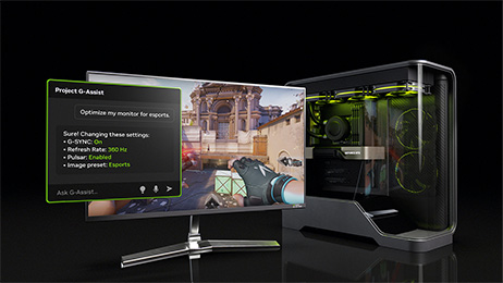A sleek desktop setup with a gaming monitor displays a futuristic shooter game. A dialogue box shows optimization settings. The PC tower glows green, conveying high-tech energy.