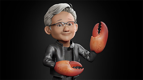 3D cartoon character with gray hair and glasses, wearing a black leather jacket, smiling while holding up two large red lobster claws against a dark background.
