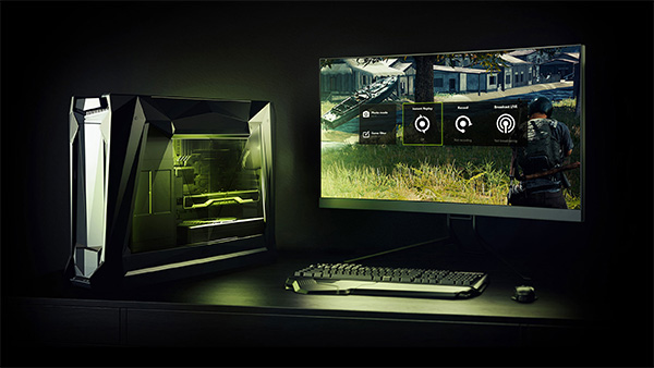 Gaming PC Setup: A high tech PC with green lighting; A monitor showing the NVIDIA GeForce Experience overlay above gameplay; A keyboard and mouse.