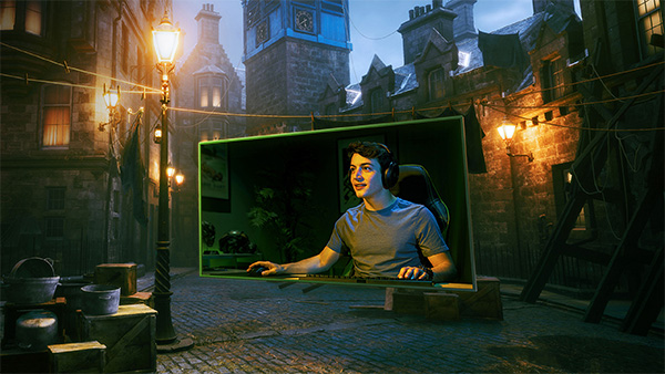A floating box in the foreground shows a Gamer using a mouse and keyboard. Behind the box is a rendered game world.