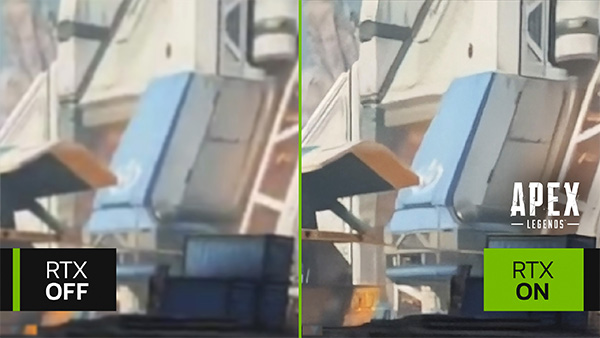 A comparison image for RTX in the video game Apex Legends. Left side shows a blurry image, right side shows a significantly sharper image.