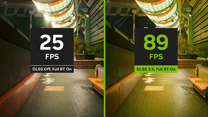 Comparison image showing the performance and visual difference between using Full RT On, as well as either DLSS off or DLSS 3.5. DLSS Off and Full RT On shows 25 FPS. DLSS 3.5 and Full RT On shows 89 FPS.