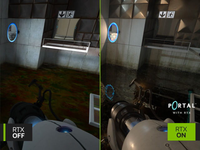 A comparison image showing the difference between RTX On and RTX Off for the video game Portal. RTX Off is on the left, showing the default fidelity of the game. RTX On is on the right, showing improved ray tracing.