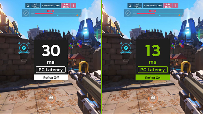A comparison image of the video game Overwatch 2 showing the different between Reflex On and Reflex Off. Reflex Off is on the left, showing that when Reflex is disabled the PC Latency is 30 milliseconds. Reflex On is shown on the right, displaying 13 milliseconds for PC Latency when Reflex is enabled.
