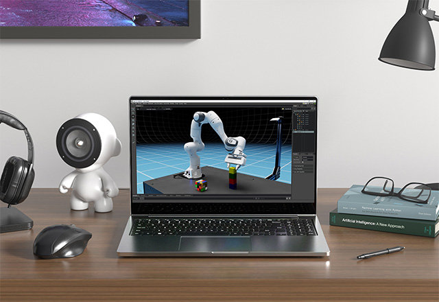 A laptop rests on a desk, the laptop displays 3D rendering software. Left of the laptop is a headset on a stand, a computer mouse, and a statue of a cartoon person with a speaker for a head. On the right is a lamp, a pen, and a pair of glasses resting on two books. The top book is grey, titled 'Machine Learning with Python: An Introduction for Data Scientists. First Edition. By Nunes / Wright'. The second book is dark green, titled 'Artificial Intelligence: A New Approach. Fifth Edition. By Chen & Delgado'.