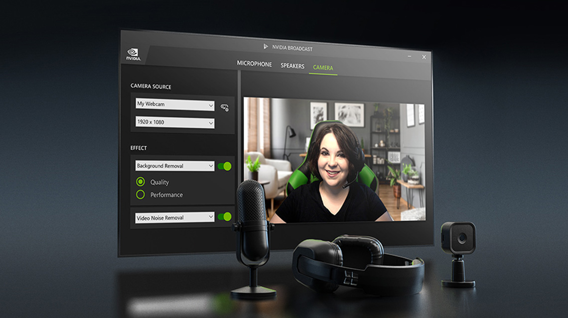 A browser window shows the NVIDIA Broadcast App. There are 3 tabs shown in the Broadcast app: Microphone, Speakers, and Camera. The camera tab is selected, the viewfinder shows a woman streaming. There are options next to viewfinder showing Camera Source and Effects. The camera source has dropdown tabs for webcam and resolution. The effects has dropdowns showing background removal and video noise removal. These options also have on/off toggles and a checkbox for Quality or Performance. In front of the browser window is a microphone, headset and webcam.