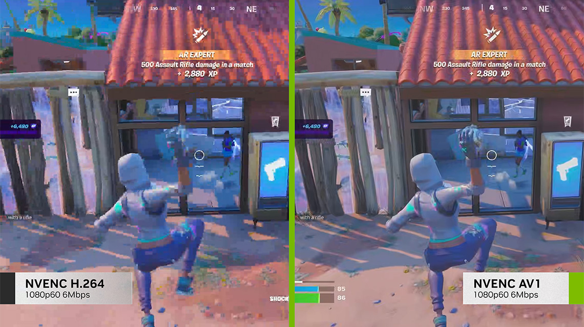 A comparison image showing the difference between two nvidia encoders, used to stream 1080p at 6 Megabits per second. The left image uses NVENC H.264 and shows pixelation occurring. The right image uses NVENC AV1 and shows significantly less pixelation.